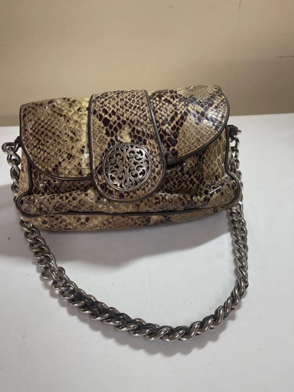 Brighton Snake-Print Crossbody Bag in Beige and Brown with Silver Medallion